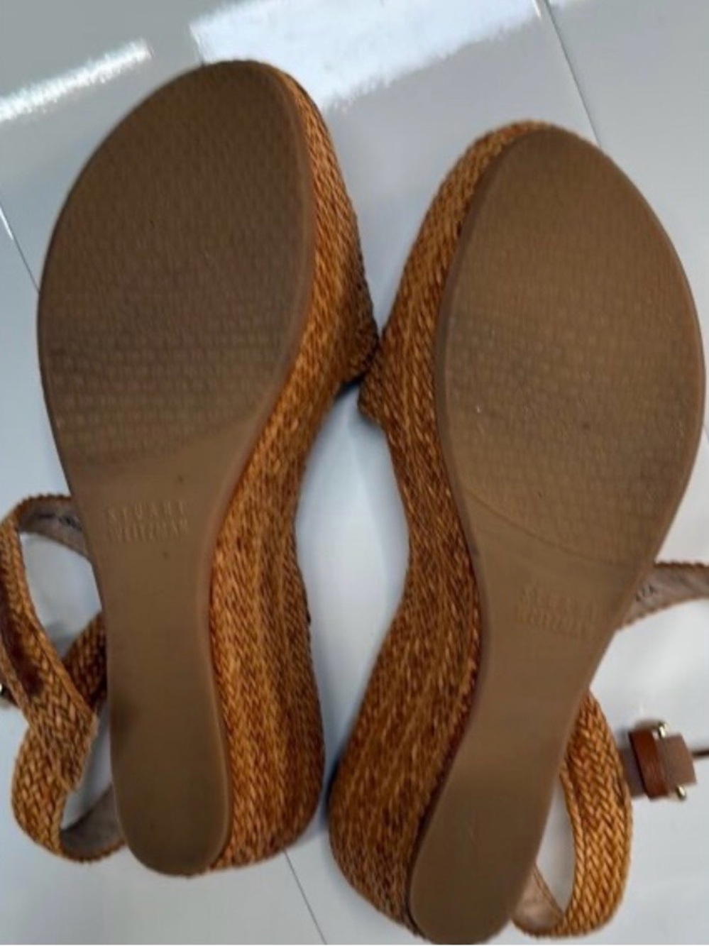 STUART WEITZMAN Sz 8 Tan
Barbados Leather Braided Wedge Platform Sandals 3" - Picture 5 of 5